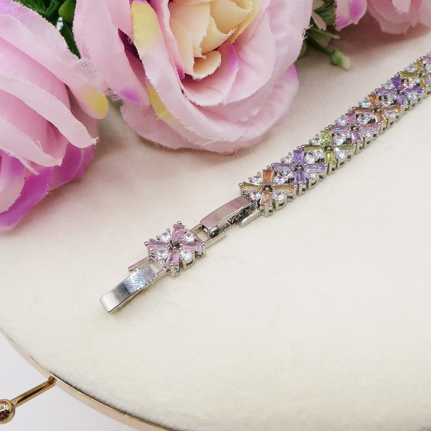 PEONY - bracciale tennis floreale con cubic zirconia RAINBOW