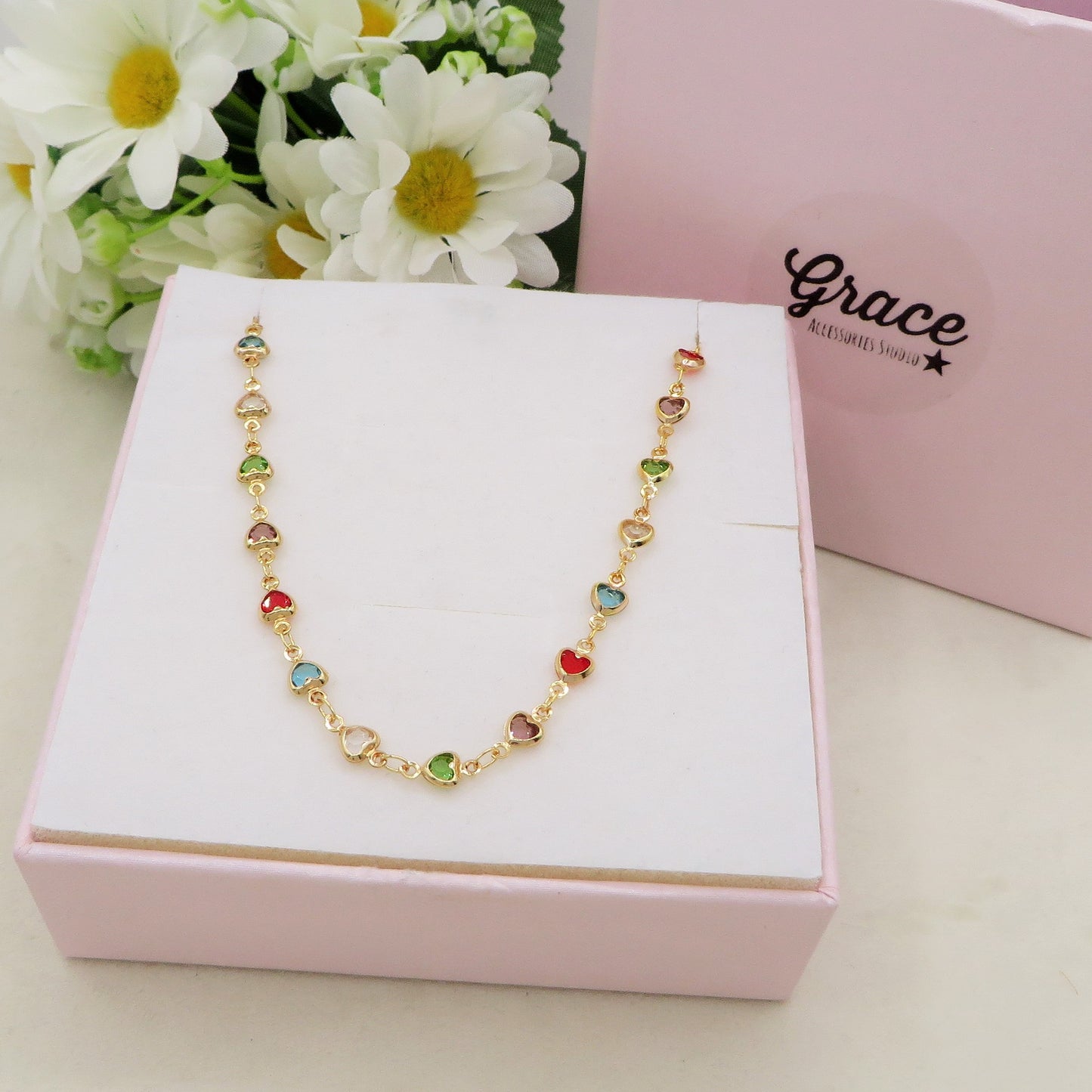 GRENADA ~ Collana ACCIAIO INOSSIDABILE con cuori zirconati rainbow