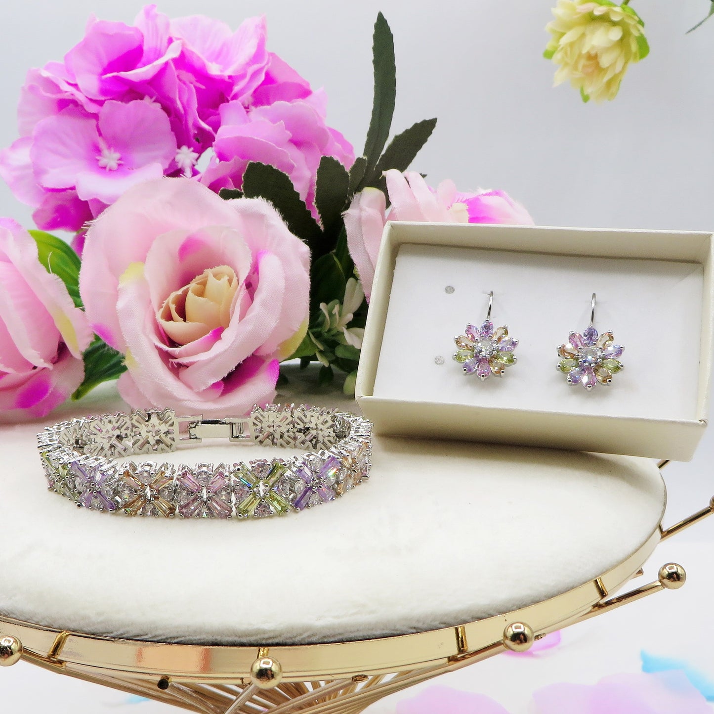 PEONY - bracciale tennis floreale con cubic zirconia RAINBOW