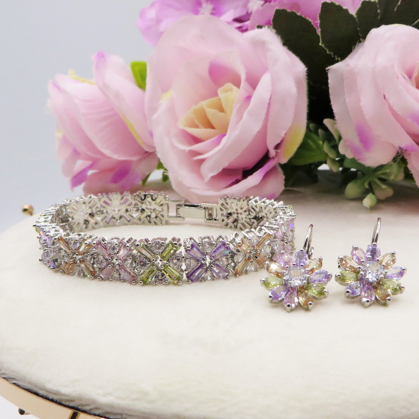 PEONY - bracciale tennis floreale con cubic zirconia RAINBOW