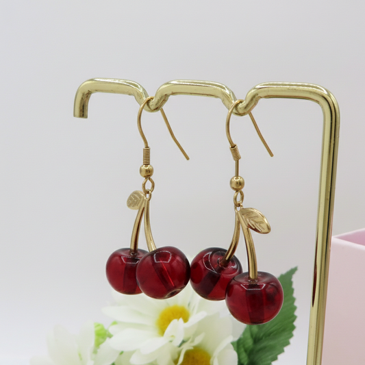 CHERRIES ~ Orecchini Ciliegie in ACCIAIO inossidabile + cubic zirconia