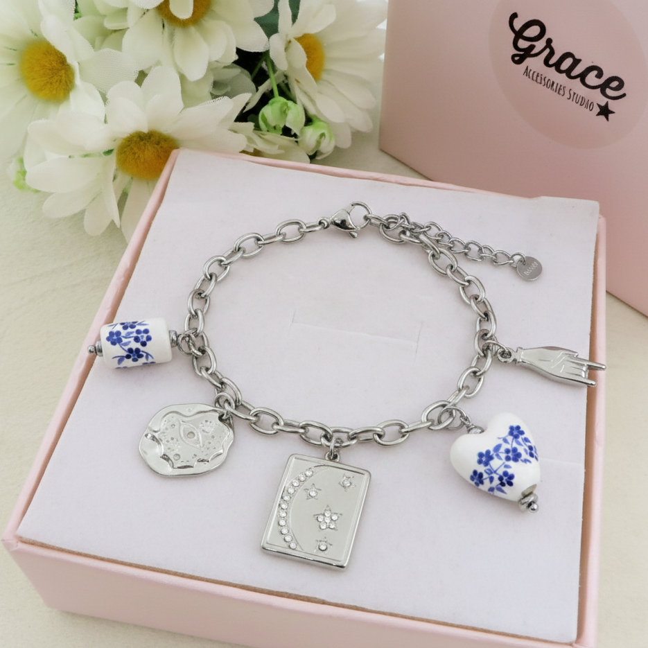 VENERE Bracciale con charms fiori Majolica vintage, luna e stelle - ACCIAIO INOSSIDABILE (Copia)