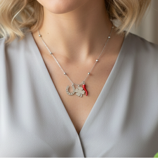 SERENDIPITY ~ ARGENTO 925 ~ Collana con ciondoli porta fortuna (ferro di cavallo, quadrifoglio, cornetto rosso)