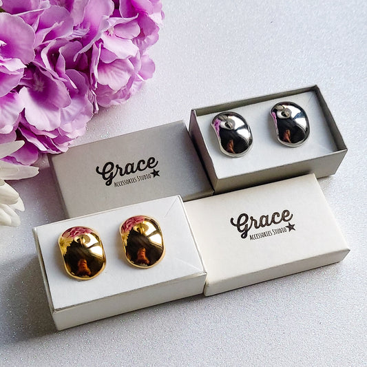 DANIELLE ~ Paio Orecchini bottone ovali - ACCIAIO INOSSIDABILE