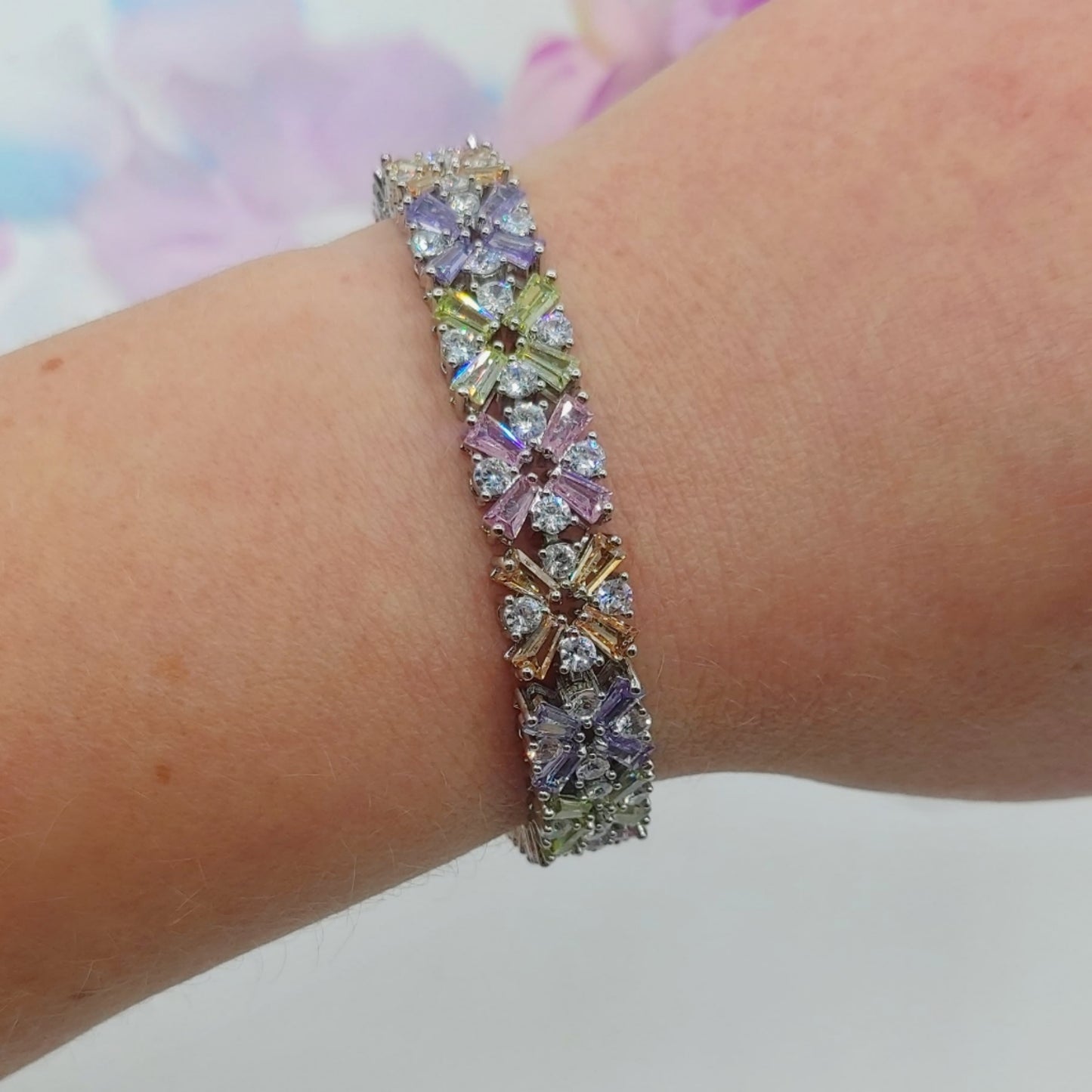 PEONY - bracciale tennis floreale con cubic zirconia RAINBOW