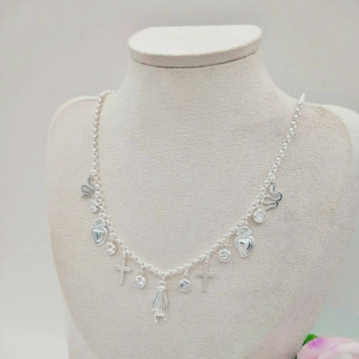 Collana MEGA LUCKY bagnato ARGENTO ~ in ACCIAIO INOSSIDABILE con charms scaramantici