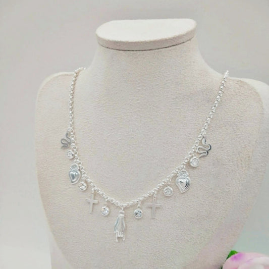 Collana MEGA LUCKY bagnato ARGENTO ~ in ACCIAIO INOSSIDABILE con charms scaramantici