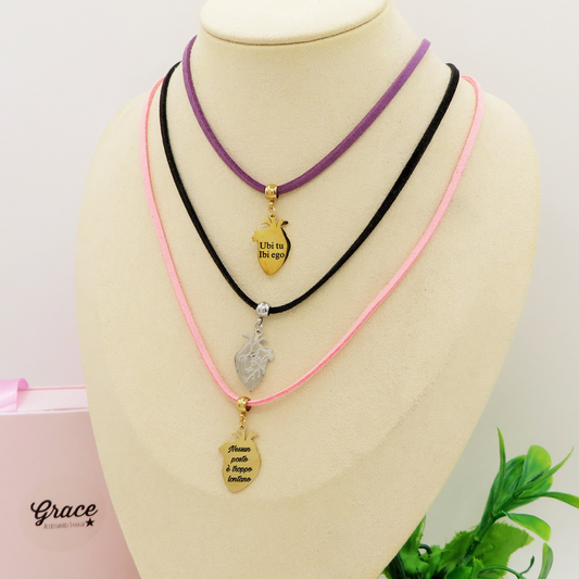 HUMAN Heart COLOURS - 16 Colori Collana cuore anatomico PERSONALIZZATA ACCIAIO Inossidabile con cordino camoscio