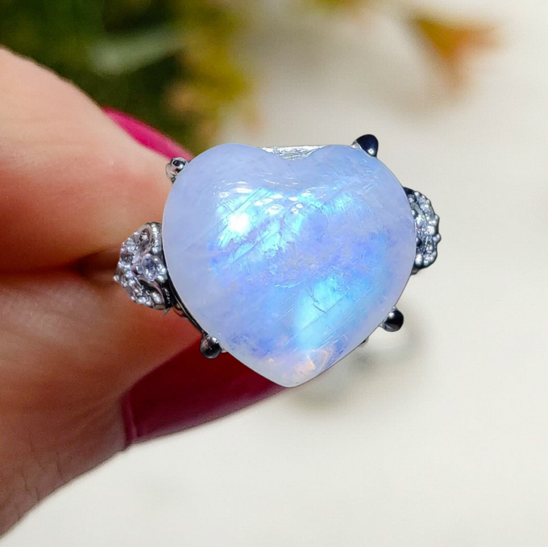 DEVA HEART Argento 925 ~ Anello regolabile in Pietra di Luna a cuore - Moonstone naturale