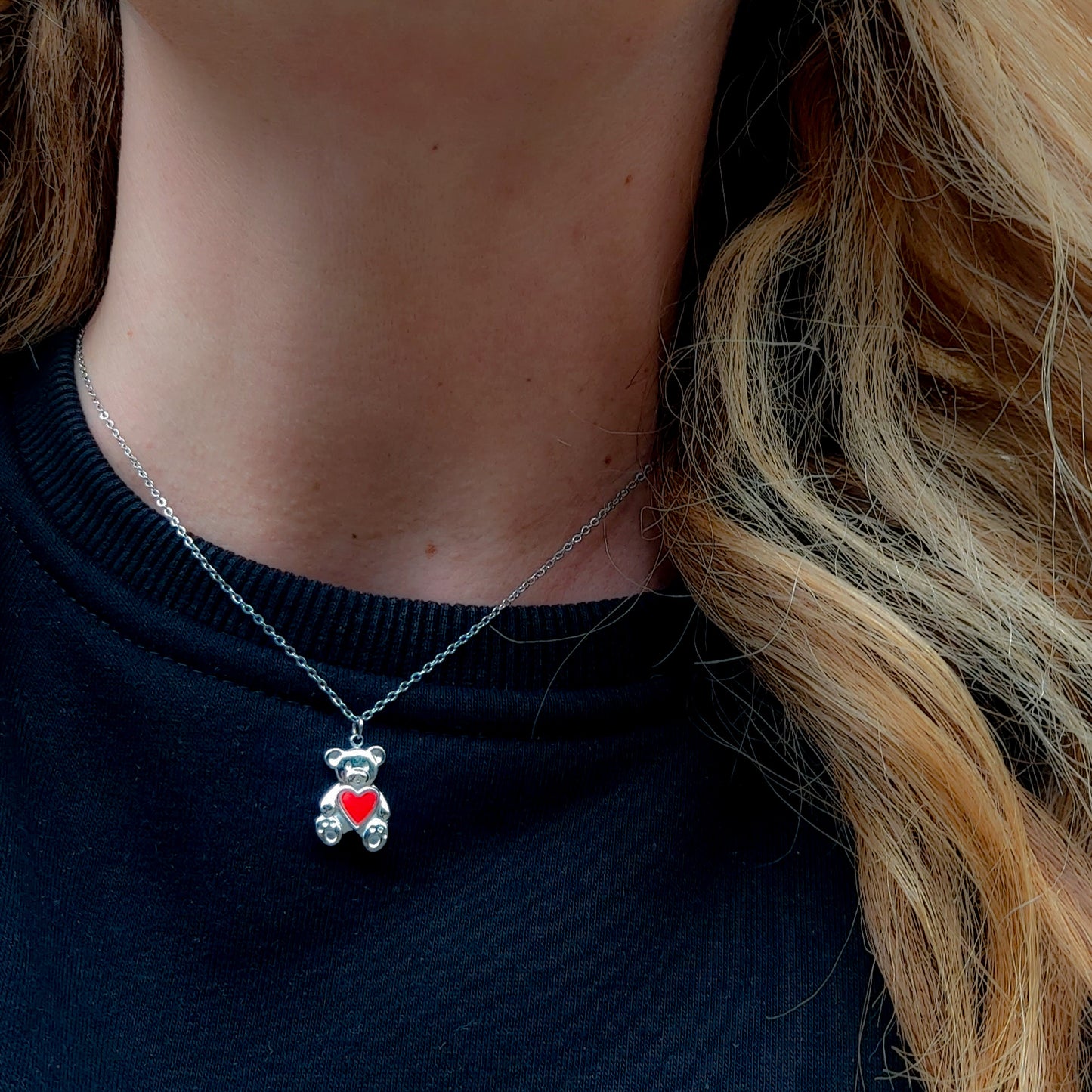 TEDDY HEART - ACCIAIO INOSSIDABILE- collana con Orsetto + cuore smaltato