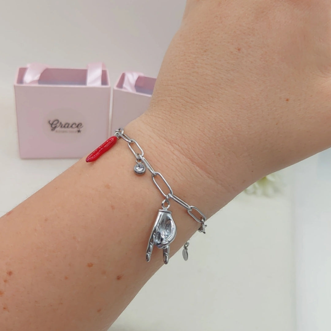 MEGA LUCKY - Bracciale con ciondoli scaramantici ACCIAIO INOSSIDABILE