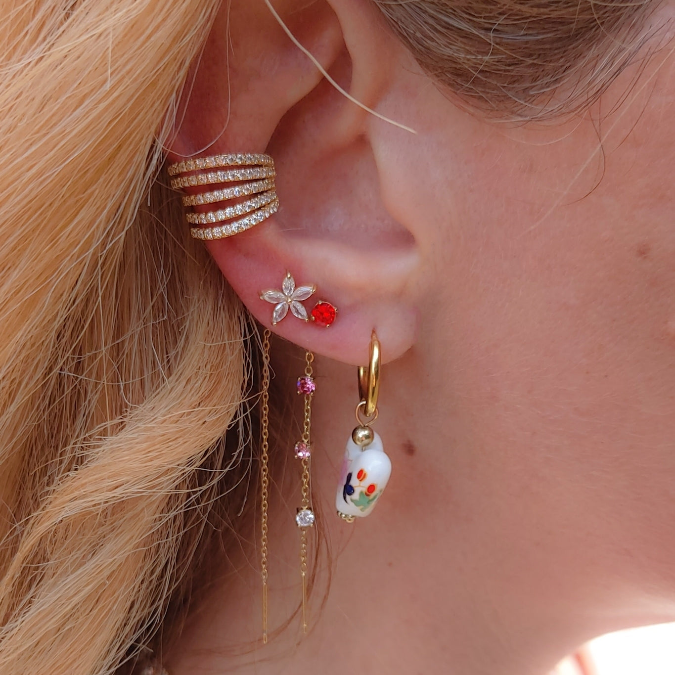 THALIA Orecchini saliscendi a fiore - Acciaio inossidabile ~ PAIO Orecchini filo pendenti con cubic zirconia - Ear Threader - Saliscendi