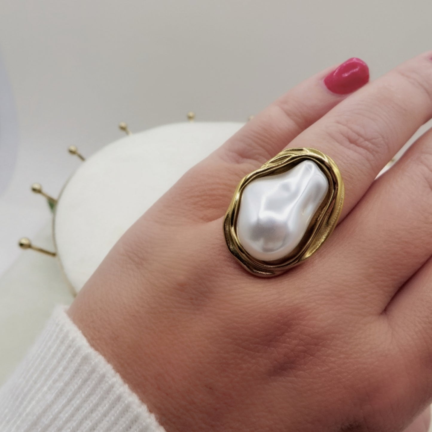 IRIS BAROQUE PEARL - Anello regolabile in ACCIAIO inossidabile con perla maxi barocca