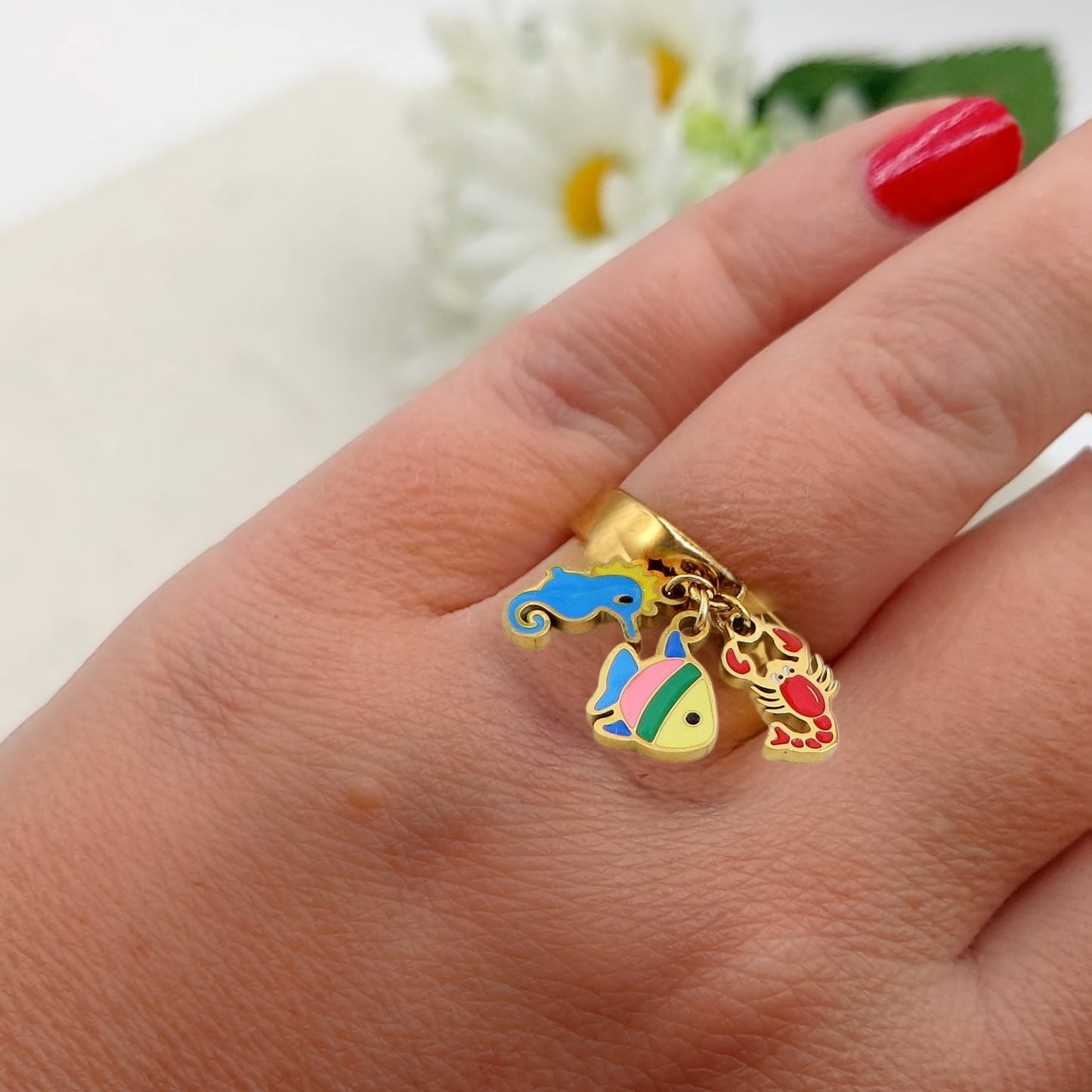 POLINESIA ~ Anello regolabile in ACCIAIO INOSSIDABILE con pendenti marini smaltati