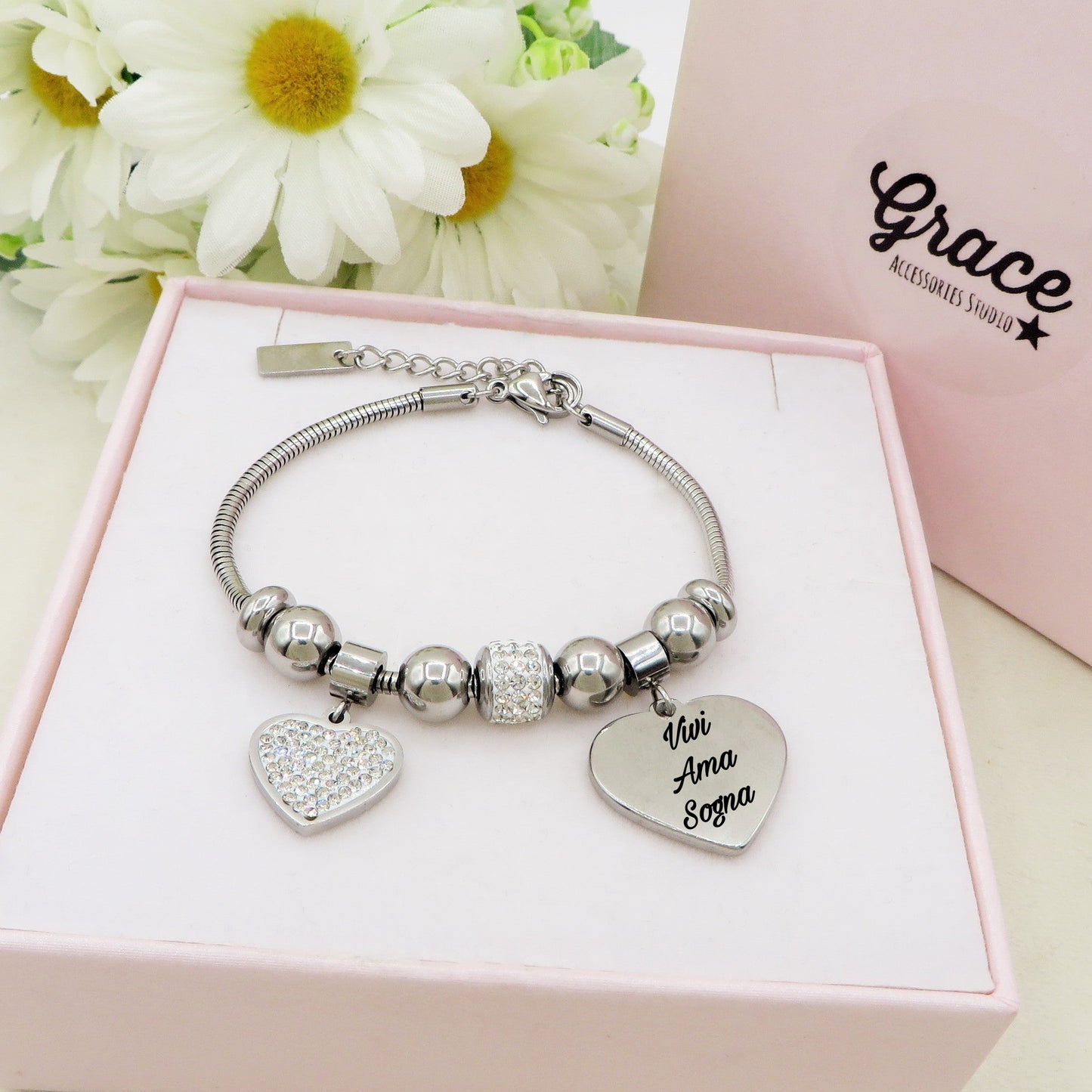 AMALIA - PERSONALIZZAMI ~ Bracciale ciondoli scorrevoli in acciaio inossidabile + INCISIONE PERSONALIZZATA