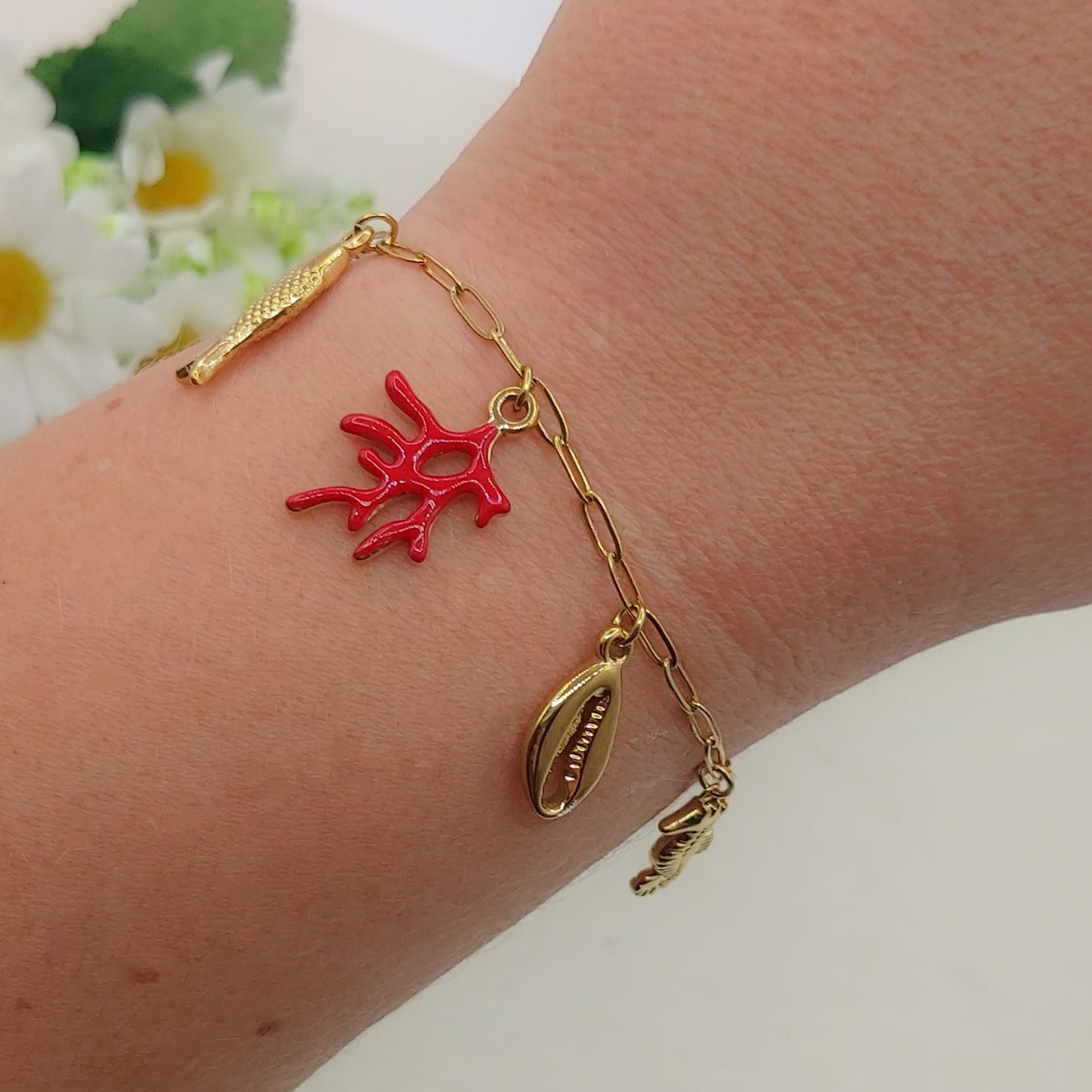 CORALINE- ACCIAIO inossidabile - Bracciale catena charms coralli e charms marini