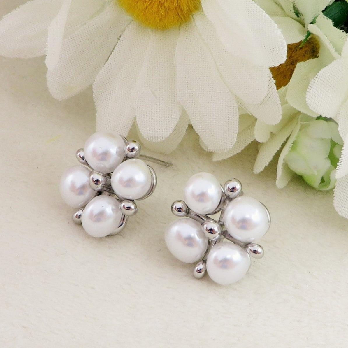 CLIO - Orecchini bottone intreccio vintage con perle - ACCIAIO INOSSIDABILE ~ Paio Orecchini