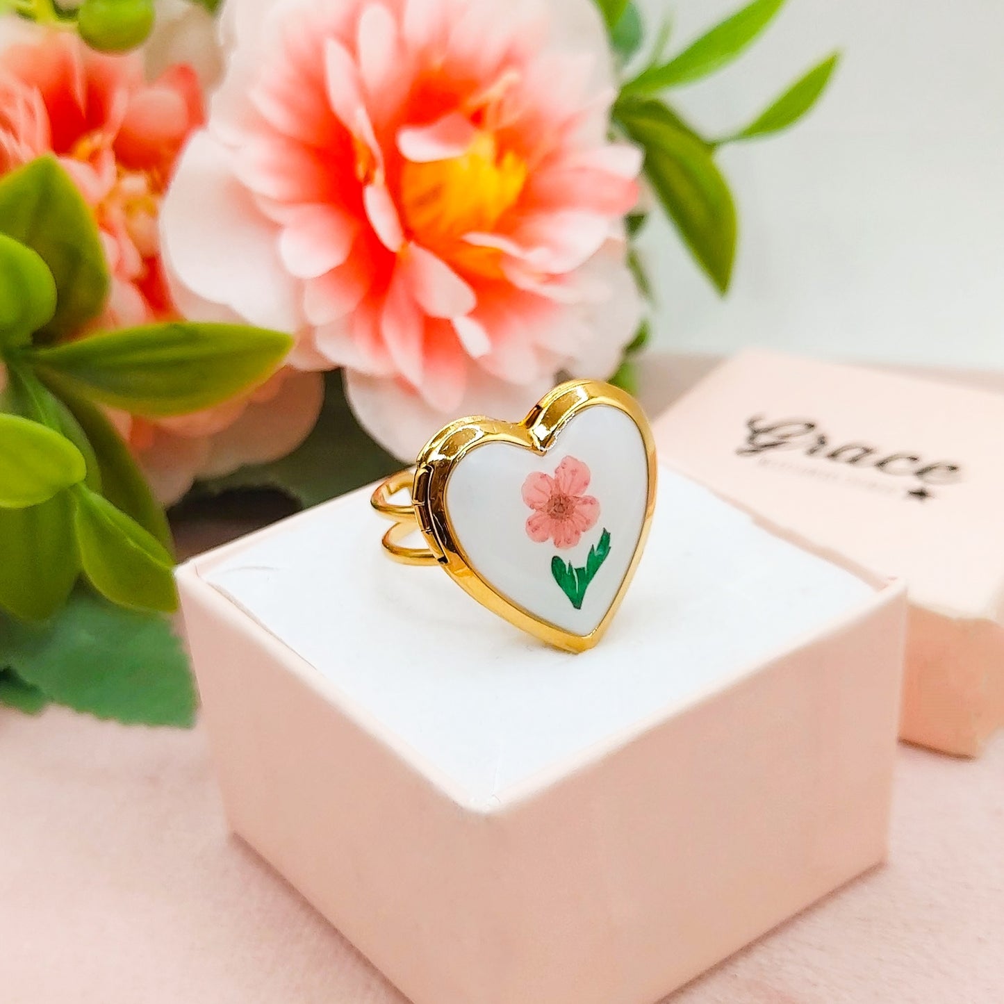 Roseline ~ Anello regolabile con fiori vintage - Acciaio Inossidabile