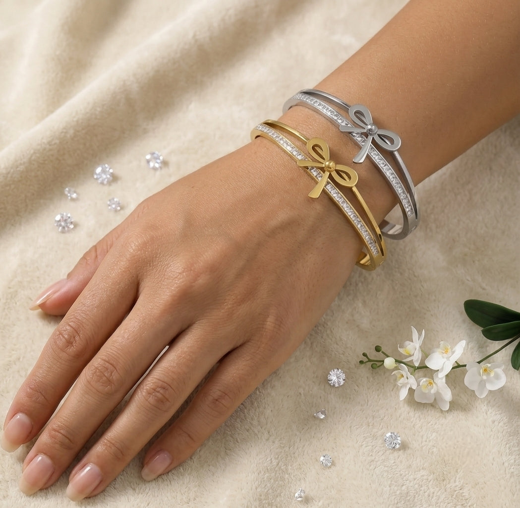 WALDORF MANETTA ~ Bracciale con fiocchetto e zirconi in ACCIAIO INOSSIDABILE 316L e cubic zirconia