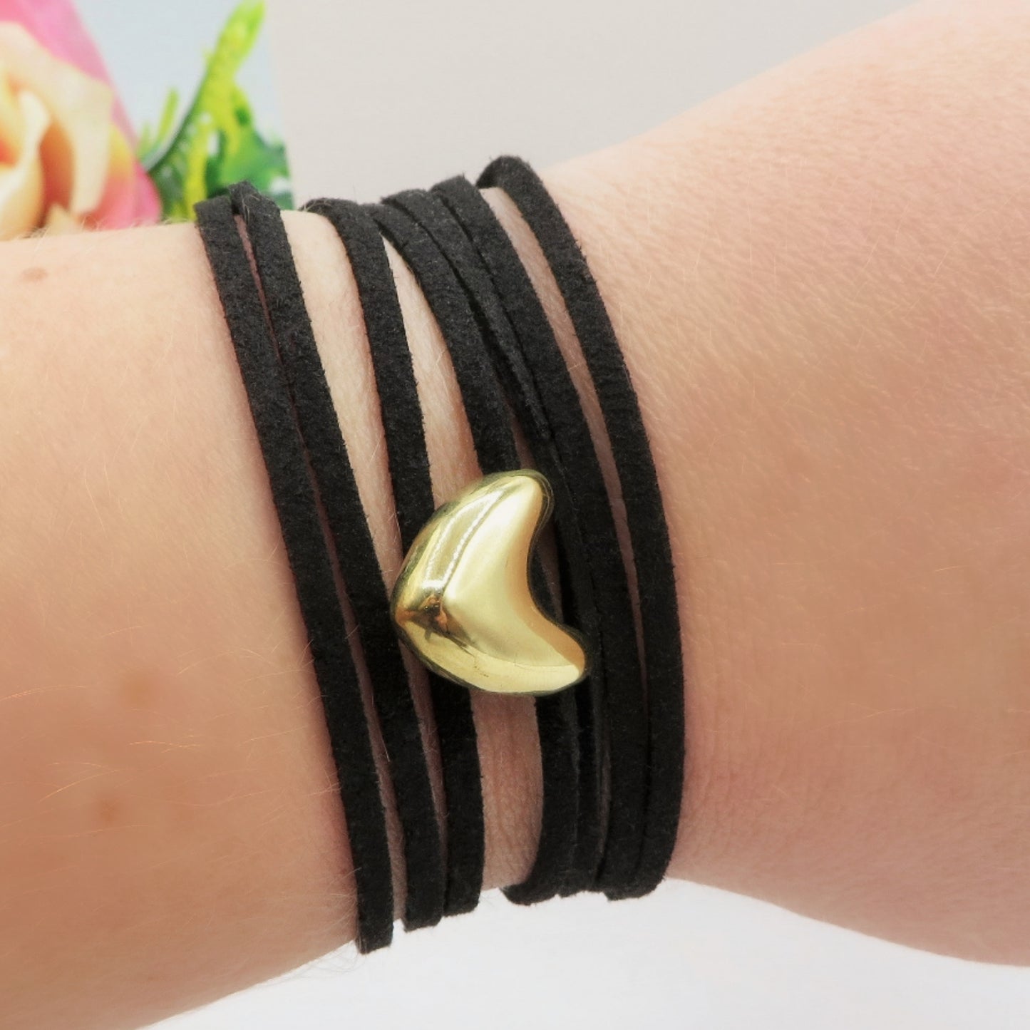 TORI - 6 Colori Collana & bracciale cuoricino bombè ACCIAIO INOSSIDABILE con cordino camoscio