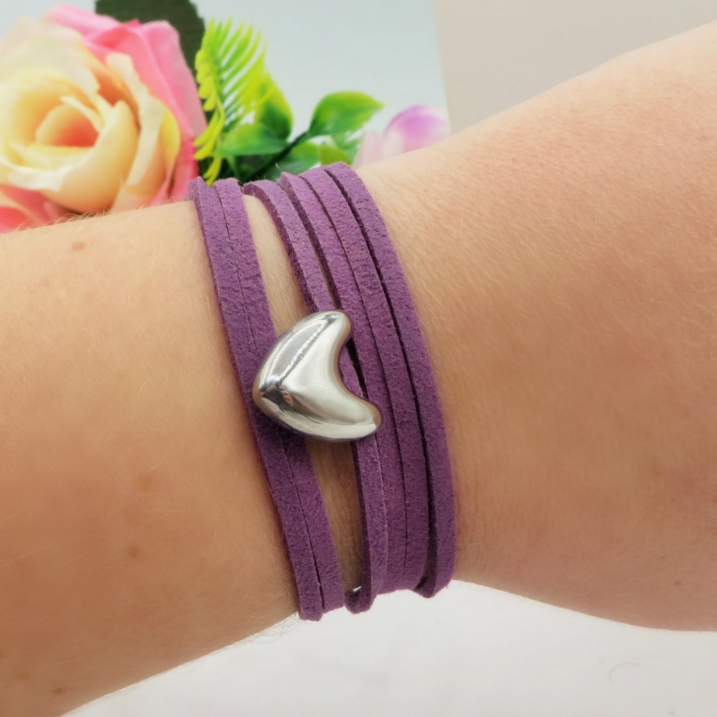 TORI - 6 Colori Collana & bracciale cuoricino bombè ACCIAIO INOSSIDABILE con cordino camoscio