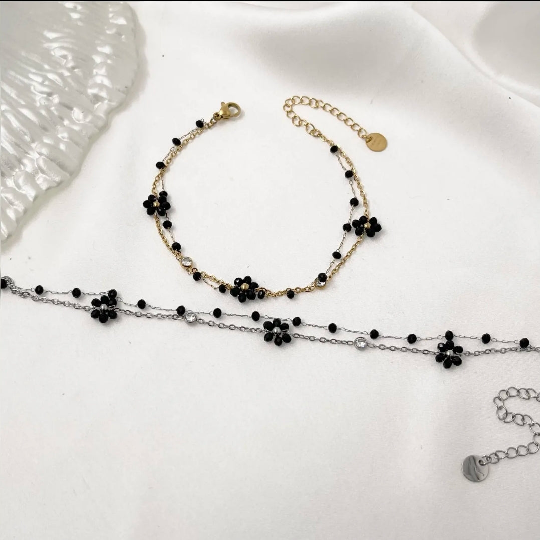 DAISY Double ~ ACCIAIO INOSSIDABILE ~ Bracciale DOPPIO con fiori e cristalli
