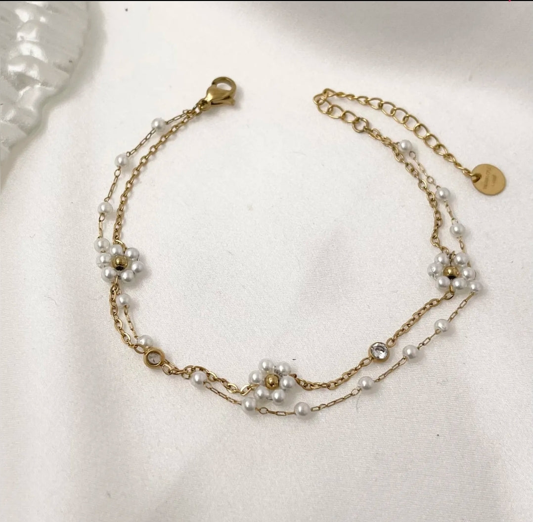 DAISY Double ~ ACCIAIO INOSSIDABILE ~ Bracciale DOPPIO con fiori e cristalli
