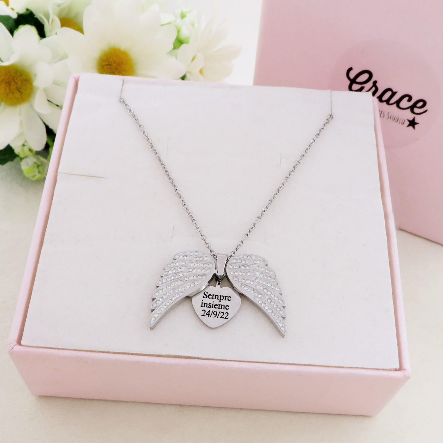 ANGEL HEART ~ ACCIAIO inossidabile - Collana ciondolo ali zirconate apribili con incisione PERSONALIZZATA