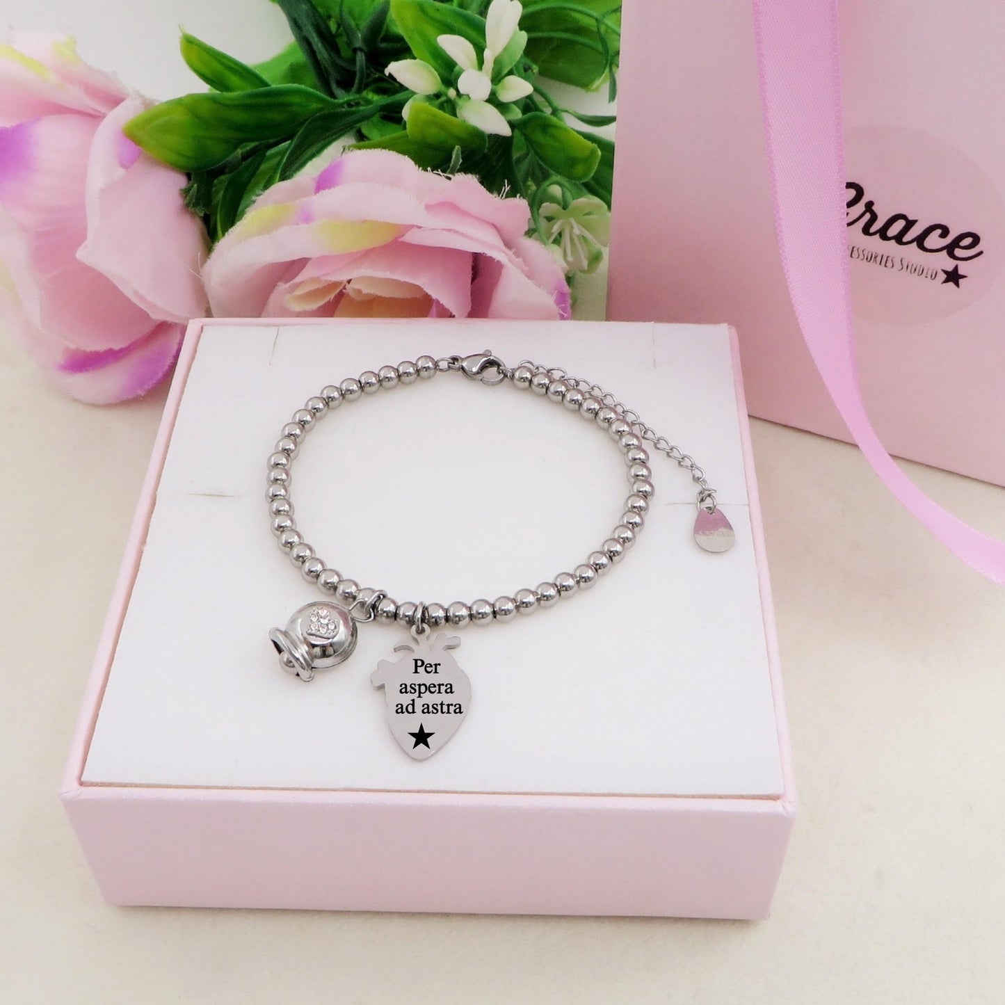 HUMAN HEART charm BRACCIALE Pallini ~ ACCIAIO inossidabile - Bracciale cuore anatomico con ciondoli