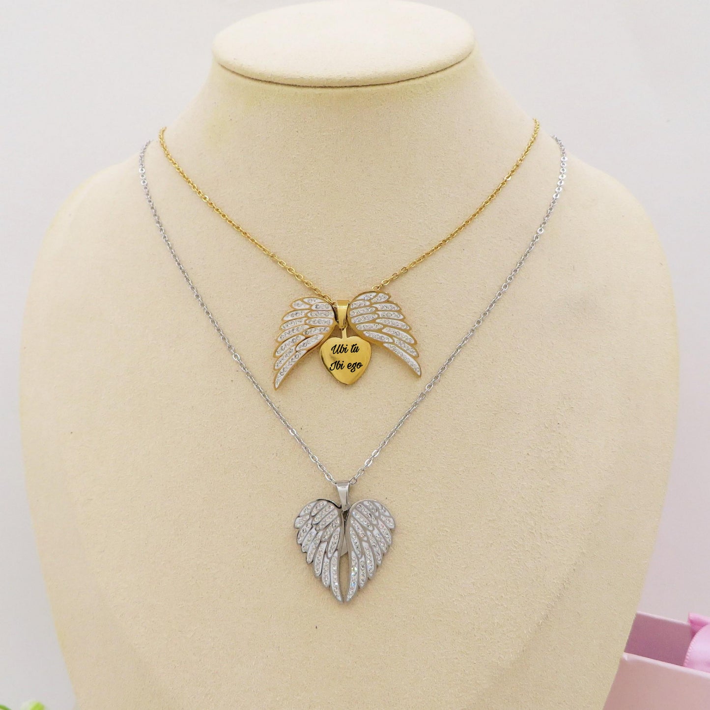 ANGEL HEART ~ ACCIAIO inossidabile - Collana ciondolo ali zirconate apribili con incisione PERSONALIZZATA