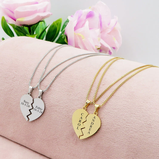 BROKEN HEART ~ ACCIAIO INOSSIDABILE 2 collane con pendente PERSONALIZZATO cuore spezzato - amicizia - amore - famiglia - occasioni speciali