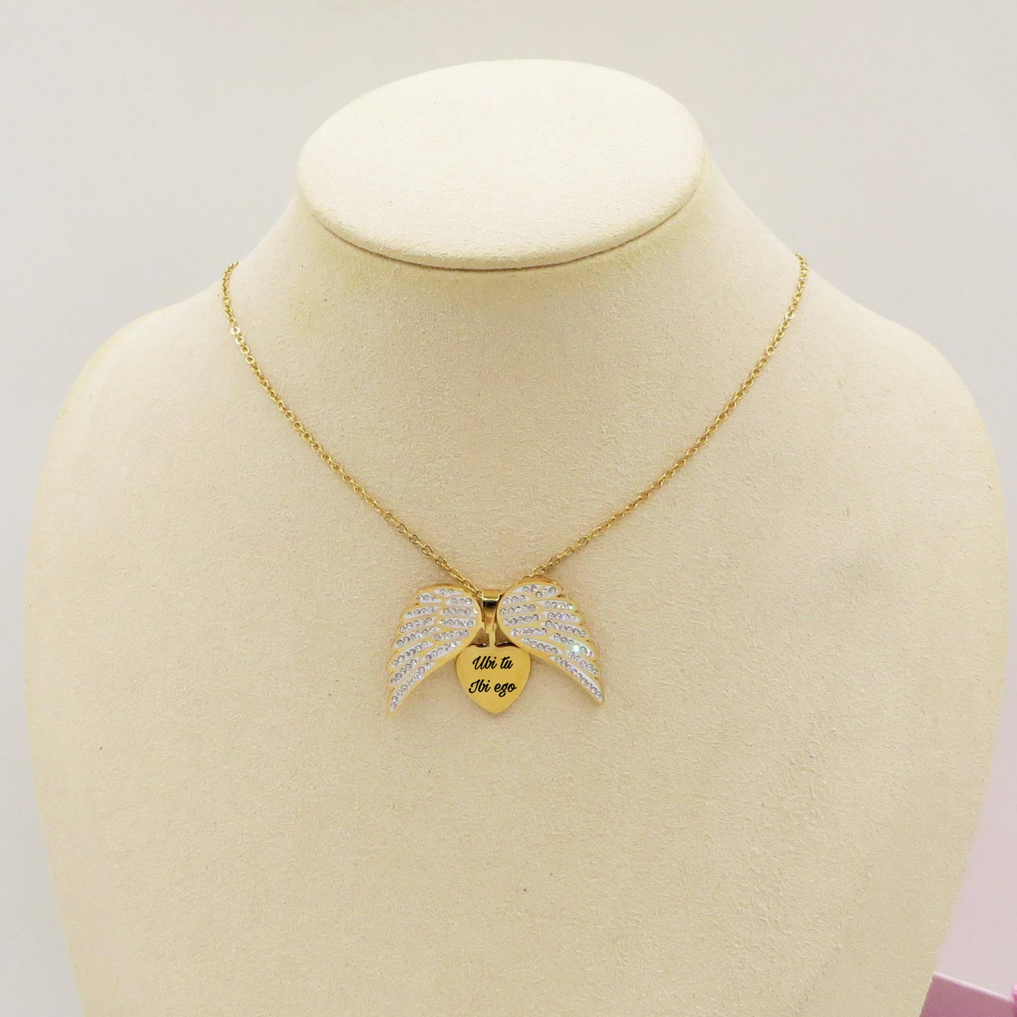 ANGEL HEART ~ ACCIAIO inossidabile - Collana ciondolo ali zirconate apribili con incisione PERSONALIZZATA
