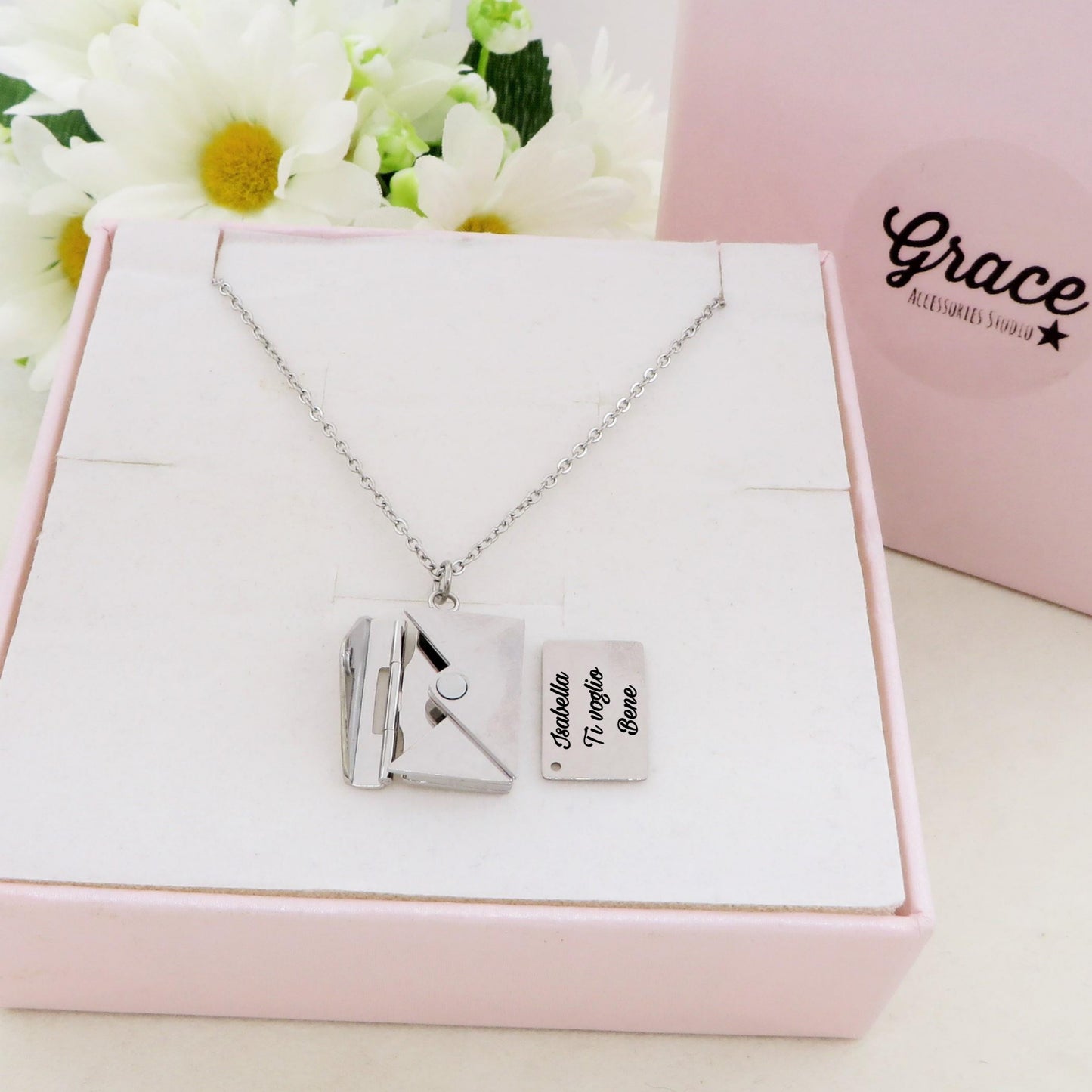 LOVE MAIL ~ ACCIAIO inossidabile - Collana ciondolo busta da lettere con incisione PERSONALIZZATA