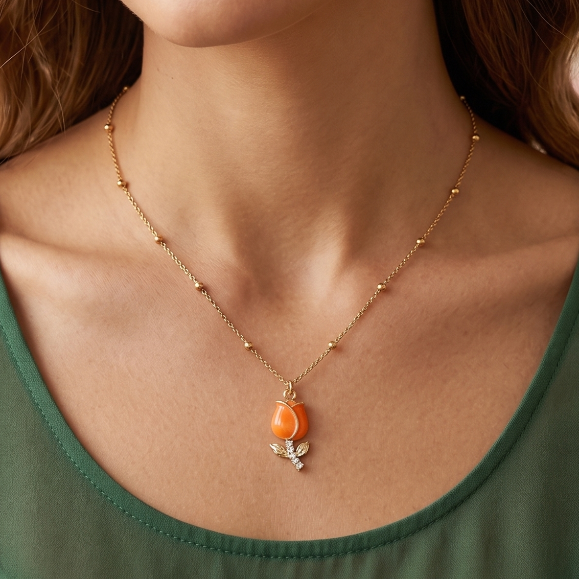TULIP COLOURS GOLD - Collana ACCIAIO con tulipano smaltato e cubic zirconia