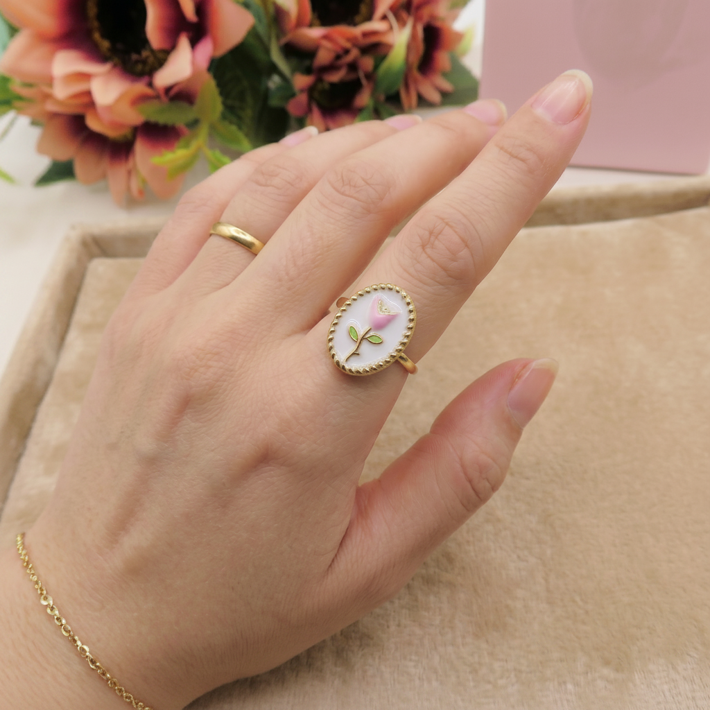 GRACE TULIP ~ Set Anello e orecchini fiore vintage in ACCIAIO INOSSIDABILE 316L