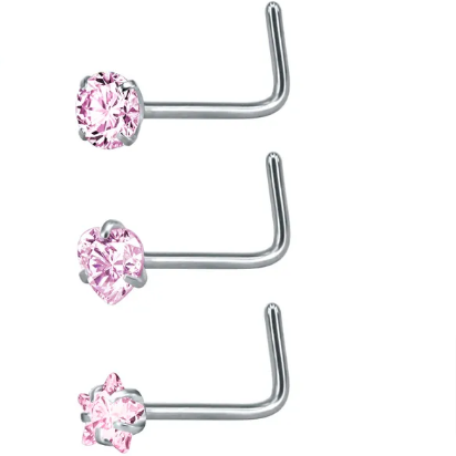 Set 3 PIERCING Punto Luce NASO - ROSA - ACCIAIO INOSSIDABILE chirurgico 316L con cubic zirconia per Nose Studs- NOSTRIL 20G