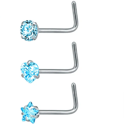 Set 3 PIERCING Punto Luce NASO - CELESTE - ACCIAIO INOSSIDABILE chirurgico 316L con cubic zirconia per Nose Studs - NOSTRIL 20G