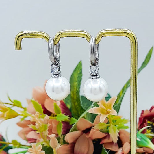 AUDREY HOOPS - ACCIAIO INOSSIDABILE ~ Orecchini hoops pendenti perla + tennis con cubic zirconia