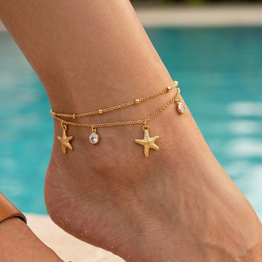 BALI ~ Cavigliera con stelle marine in ACCIAIO INOSSIDABILE 316L + cubic zirconia