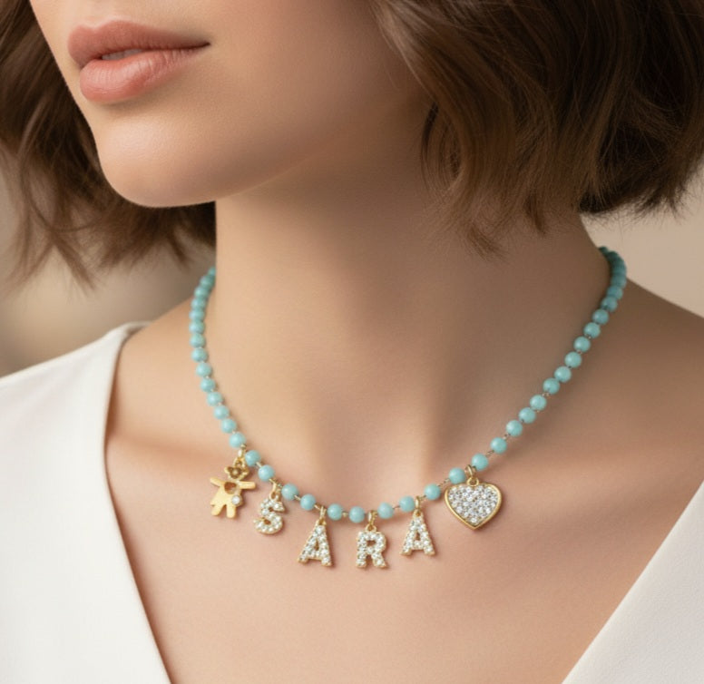 ROSARY NAME GOLD - Collana perle cristallo a rosario Con Nome personalizzabile in Acciaio Inox