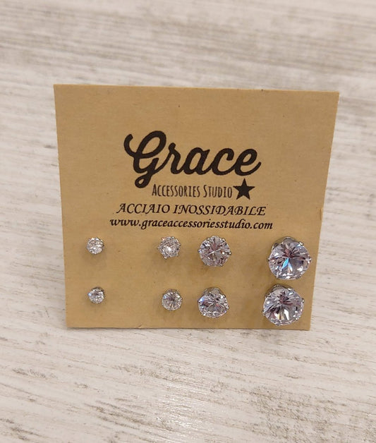 SET 4 PAIA PUNTI luce ~ Orecchini a borchie con zirconi ~acciaio inox ~ 8 PZ ~ 4 PAIA