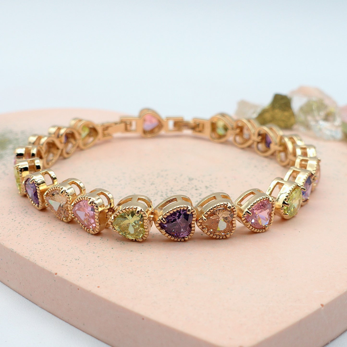 Carrie ~Rainbow-Bracciale tennis in Cubic Zirconia a forma di cuori