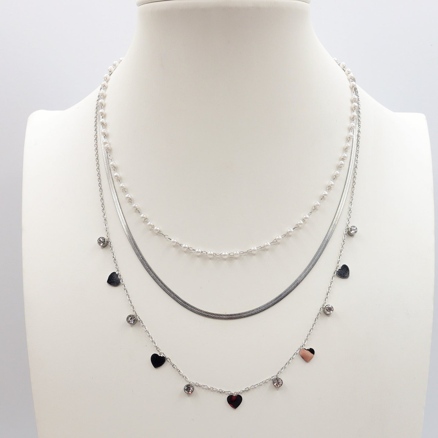 MADELINE ~ 3 in 1 Collana in ACCIAIO INOSSIDABILE tripla con perle e cuori