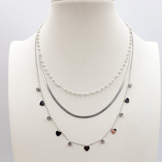 MADELINE ~ 3 in 1 Collana in ACCIAIO INOSSIDABILE tripla con perle e cuori