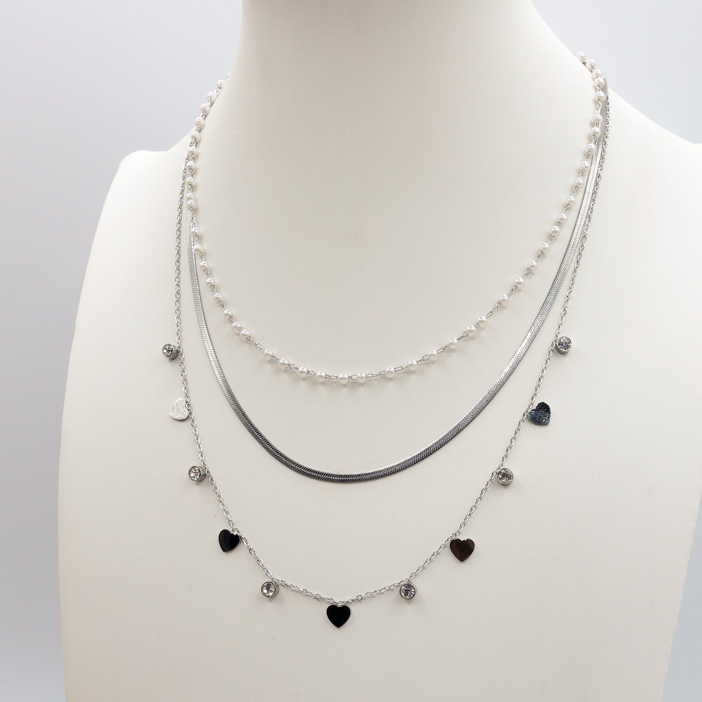 MADELINE ~ 3 in 1 Collana in ACCIAIO INOSSIDABILE tripla con perle e cuori