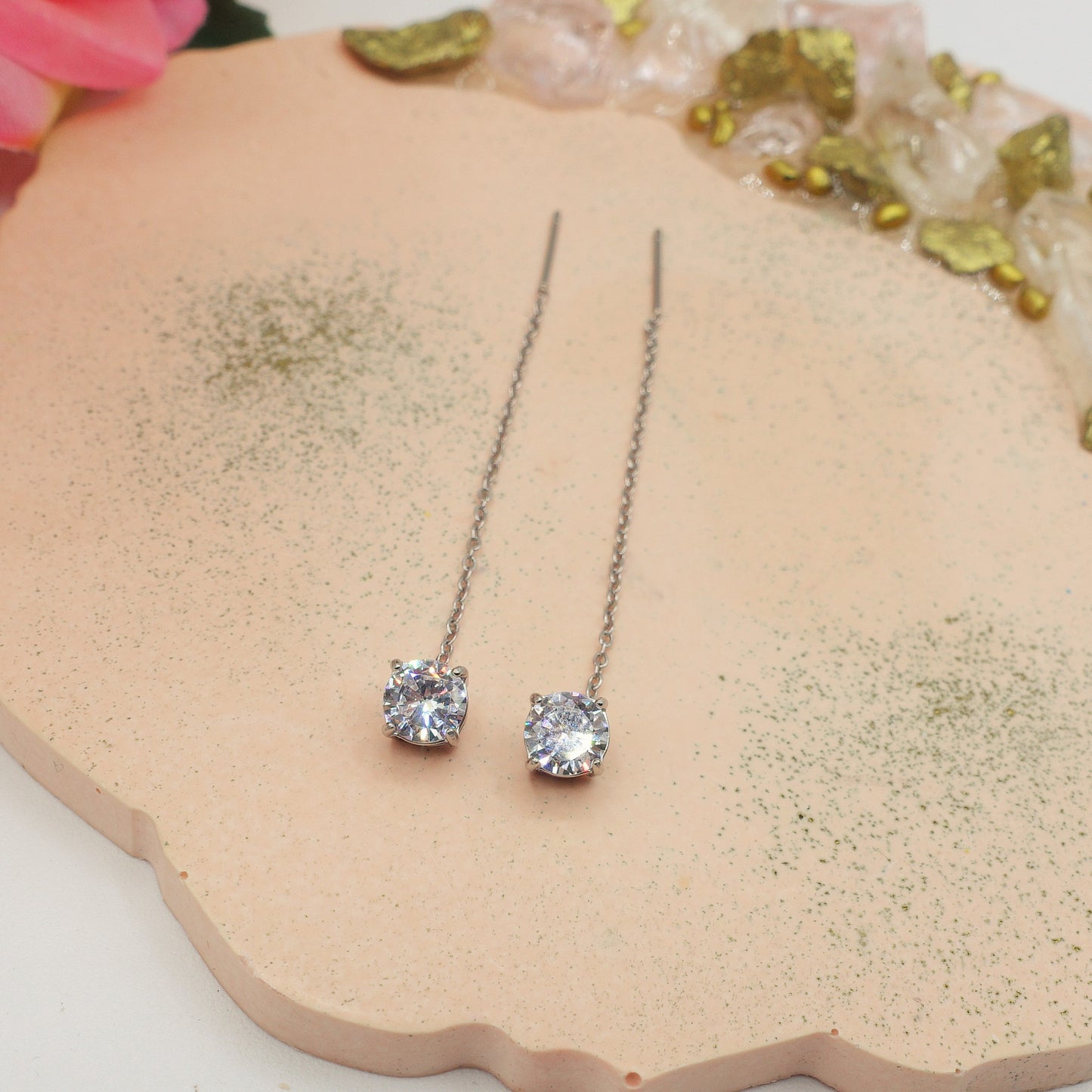 SHINY PUNTO LUCE XL - Acciaio inossidabile ~Paio Orecchini filo pendenti con cubic zirconia - saliscendi