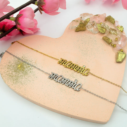 BRACCIALE IN CATENA~ ACCIAIO INOSSIDABILE - CON SCRITTA MAMMA E ZIRCONE