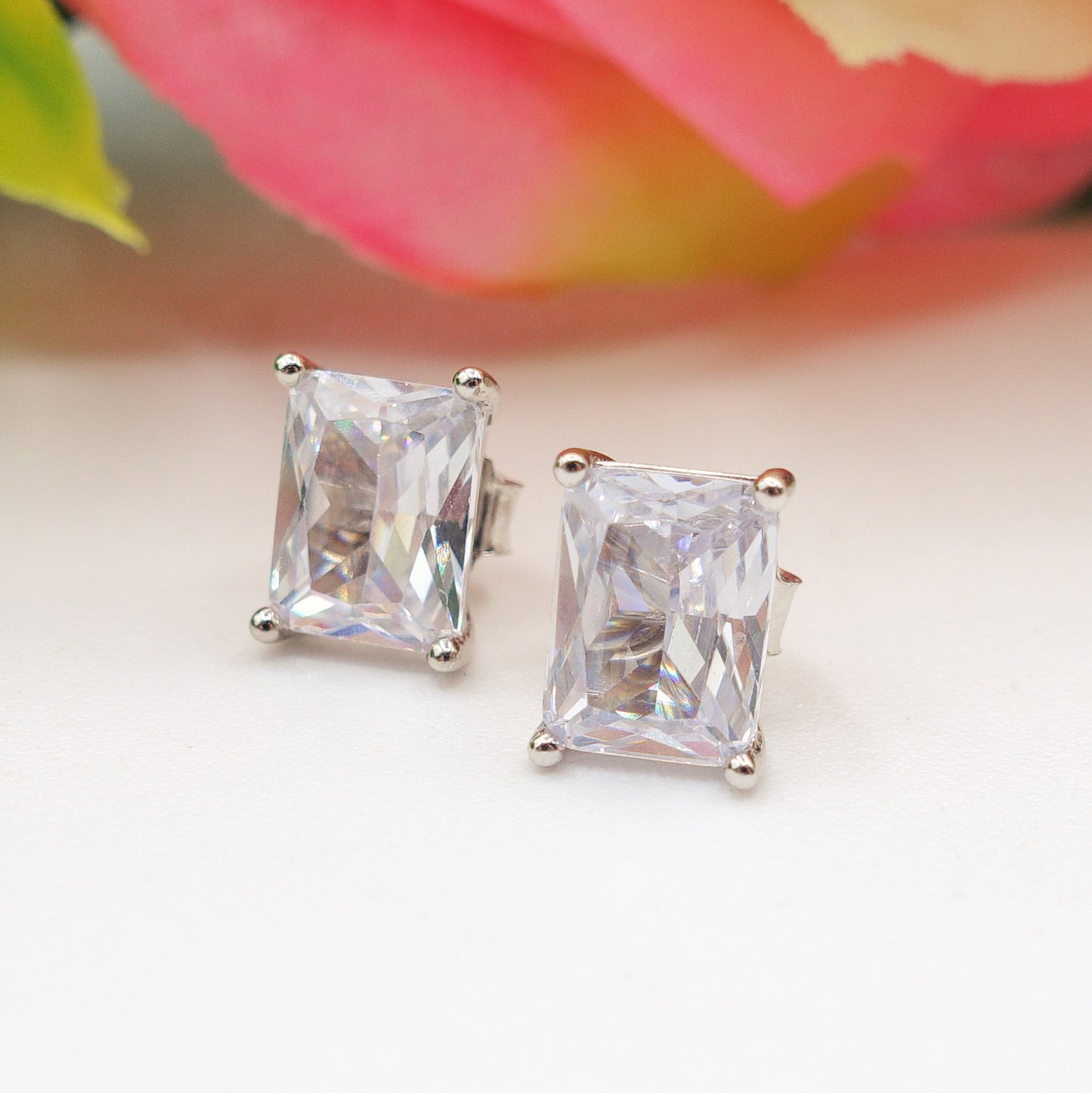 PUNTO LUCE baguette 8mm ~ paio Orecchini ARGENTO 925 a lobo con cubic zirconia taglio baguette