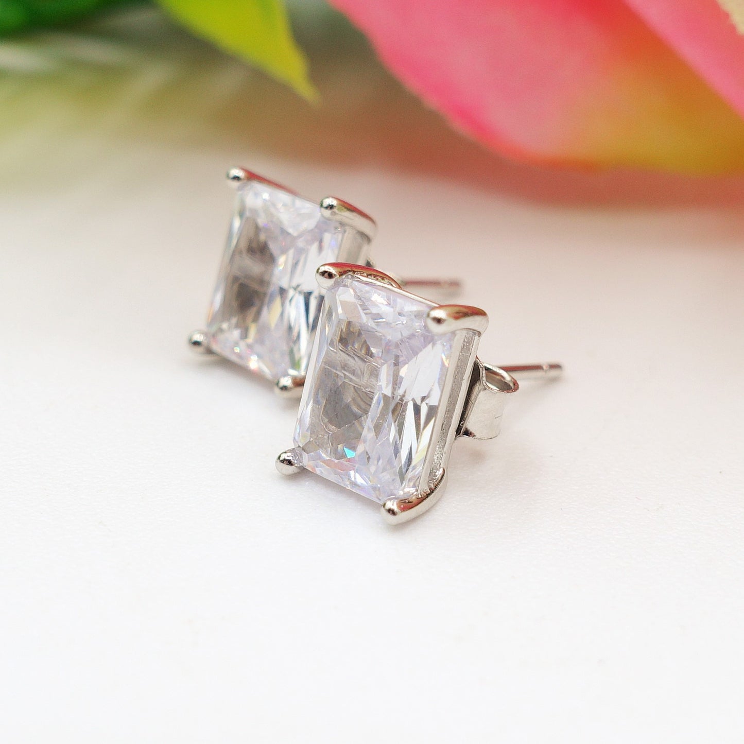 PUNTO LUCE baguette 8mm ~ paio Orecchini ARGENTO 925 a lobo con cubic zirconia taglio baguette