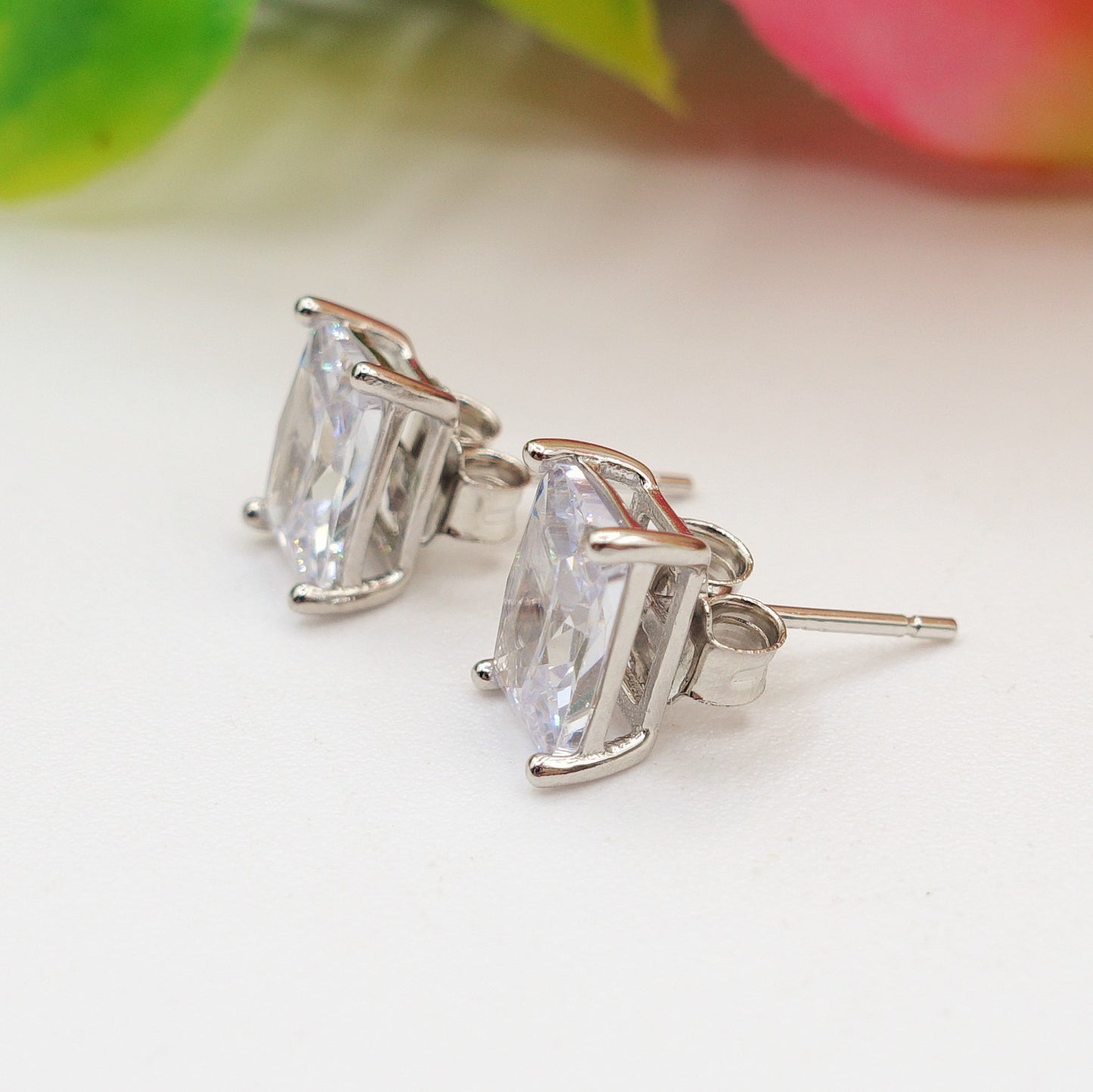 PUNTO LUCE baguette 8mm ~ paio Orecchini ARGENTO 925 a lobo con cubic zirconia taglio baguette